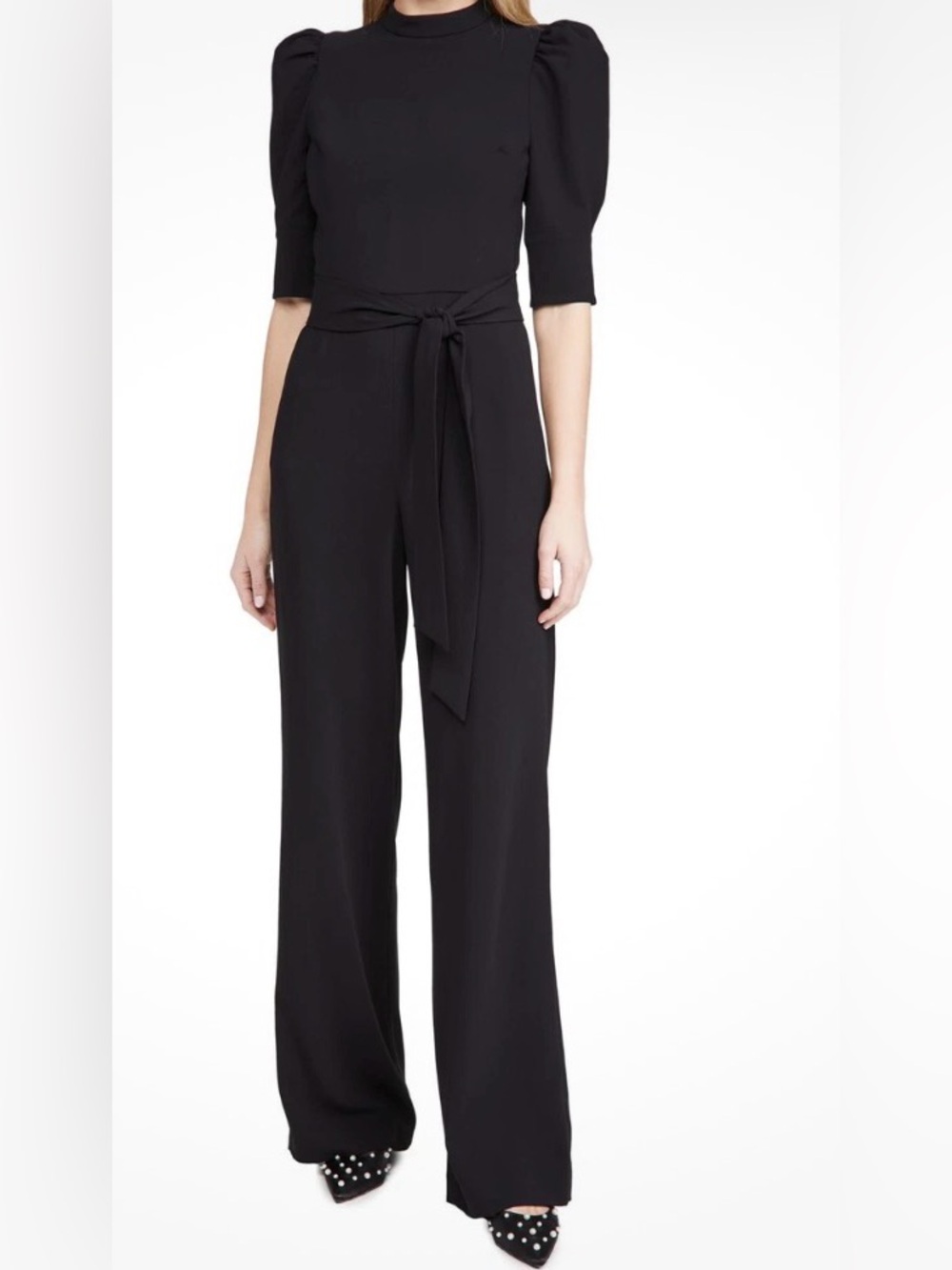 ALICE + OLIVIA Black Puff Sleeve Belted Jumpsuit Sz 6